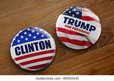 WASHINGTON, DC - APRIL 10, 2016: Illustration Of Presidential Campaign Buttons Of Hillary Clinton And Donald Trump Running For The President's Office.
