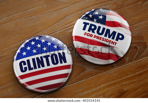 WASHINGTON, DC - APRIL 10, 2016: Illustration of presidential campaign buttons of Hillary Clinton and Donald Trump running for the president's office.