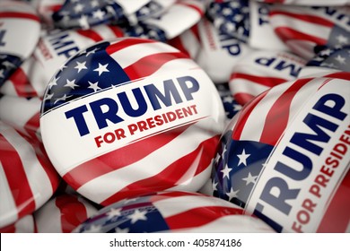 WASHINGTON, DC - APRIL 14, 2016: Illustration Of Presidential Campaign Buttons Of Donald Trump With Very Shallow Depth Of Field.