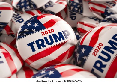 WASHINGTON, DC - APRIL 25, 2018: 3D Illustration Of Presidential Campaign Buttons Of Donald Trump With Very Shallow Depth Of Field.