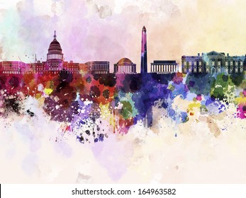 Washington DC skyline in watercolor background 