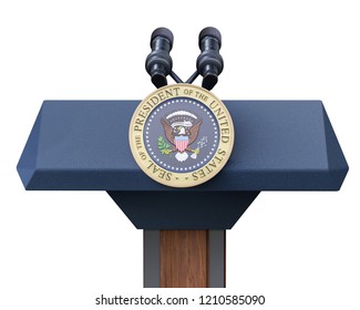 Washington DC, United States Of America - October 22, 2018 : US Presidents Podium And Seal Of The President Of The United States, With Microphones, Isolated On White - 3D Illustration