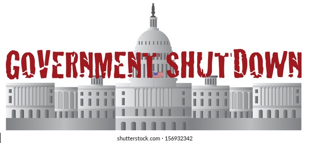 Washington DC US Capitol Building Government Shutdown Red Text Outline Raster Illustration