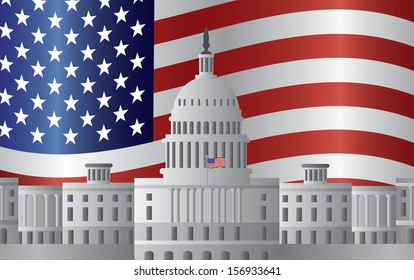 Washington DC US Capitol Building with US American Flag Background Raster Illustration