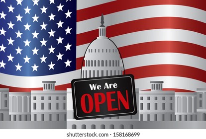 Washington DC US Capitol Building with We are Open Sign on US American Flag Background Raster Illustration