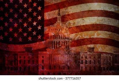 Washington DC US Capitol Building with American Flag Grunge Texture Background Illustration