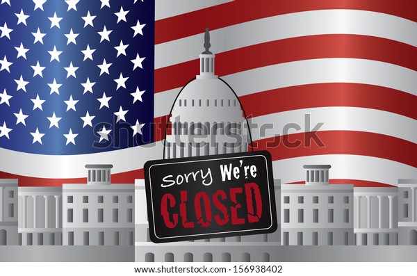 Washington DC US Capitol\
Building with We are Closed Sign on US American Flag Background\
Raster\
Illustration