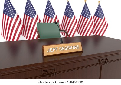 WASHINGTON - June 12th: Wooden table with desk plaque JEFF SESSIONS and American flags. Sessions to appear before Senate intelligence committee to respond to 
James Comey's testimony. 3D Illustration
