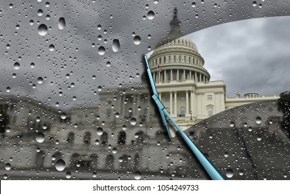 Washington News Concept And Political Investigation As The United States Congress Blurred By Rain With A Wiper Cleaning A Window As A Symbol For Government Transparency With 3D Illustration Elements.