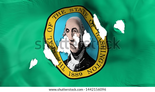 Washington state flag perforated, bullet holes,\
white background, 3d\
rendering