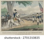 Washington Taking Command of the American Army - At Cambridge, Massachusetts, July 3rd, 1775, publisher Currier  Ives. Vintage horse illustration. Vintage artwork of horse, art illustration.