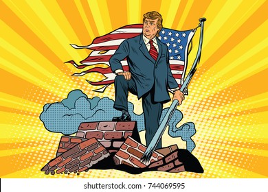 Washington, USA - October 29, 2017. President Donald trump with USA flag, on the ruins. Comic book vintage pop art retro style illustration