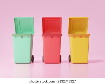 Waste Sorting Classification Garbage Three Trash Green, Red, Yellow, Open Lid On Pink Background, Environmental Conservation Concept, Cartoon Minimal. 3d Render Illustration