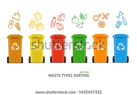 Waste Sorting Types Concept Recycled Bins witch Color Outline Icons Segregation Garbage Environment Protection. illustration of Trashcan