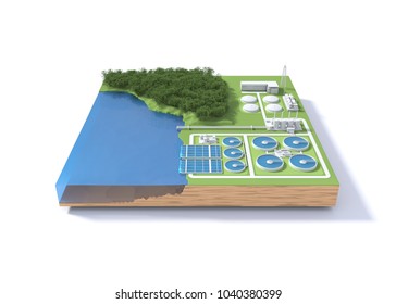 Wastewater treatment plant concept. 3D illustration
