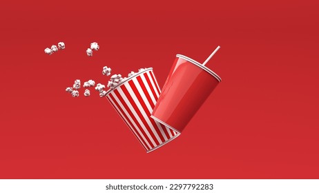 Watching entertainment online media, movies in the cinema online -3d render. Popcorn bucket, clapperboard, film reel and reel, 3D glasses and movie tickets. Poster for cinema advertising. - Powered by Shutterstock