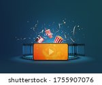 Watching movies cinema or music online entertainment media on smartphone with popcorn, film strip, clapperboard and stereoscopic glasses. Multimedia app service. object clipping path. 3D Illustration.
