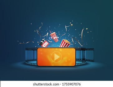 Watching movies cinema music online entertainment media smartphone and popcorn  film strip  clapperboard   stereoscopic glasses  Multimedia app service  object clipping path  3D Illustration 