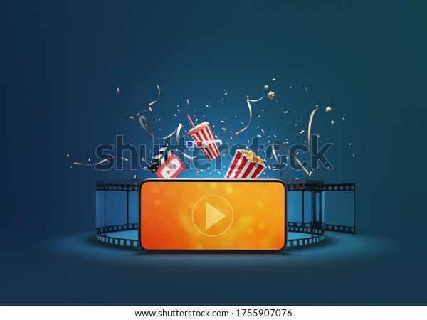 Watching movies cinema or music online\
entertainment media on smartphone with popcorn, film strip,\
clapperboard and stereoscopic glasses. Multimedia app service.\
object clipping path. 3D\
Illustration.