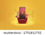 Watching movies cinema online entertainment media on smartphone with popcorn, film strip, clapperboard, and stereoscopic glasses on sofa. Multimedia app service. object clipping path. 3D Illustration.