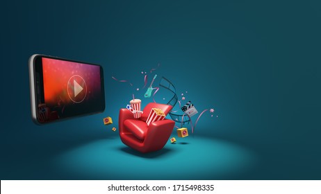 Watching movies cinema online Entertainment media on smartphone with popcorn, film strip, clapperboard, speaker and red seat. Multimedia application service. object clipping path. 3D Illustration.