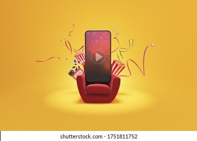 Watching movies cinema online entertainment media smartphone and popcorn  film strip  clapperboard    stereoscopic glasses sofa  Multimedia app service  object clipping path  3D Illustration 