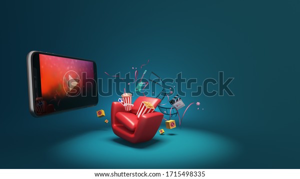 Watching movies cinema online Entertainment\
media on smartphone with popcorn, film strip, clapperboard, speaker\
and red seat. Multimedia application service. object clipping path.\
3D\
Illustration.