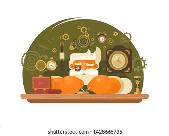 Watchmaker with gray hair repairing mechanical wrist clock. illustration - Powered by Shutterstock