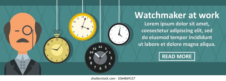 Watchmaker at work banner horizontal concept. Flat illustration of watchmaker at work banner horizontal concept for web