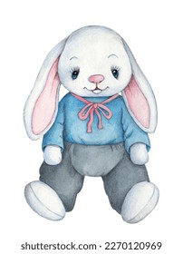 Watecolor illustration cute pretty bunny rabbit hare  toy plush cartoon animal  Isolated  Hand painted 