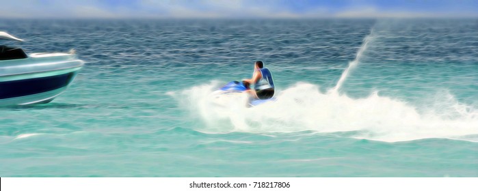 Water Bike. High Speed, Lots Of Spray. Possible Accident With A Boat.