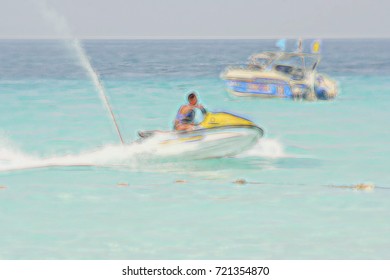 Water Bike. High Speed, Lots Of Spray. Possible Accident With A Boat.