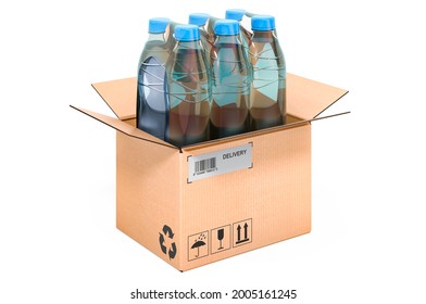 Water Bottles Wrapped In The Shrink Film Inside Cardboard Box, Delivery Concept. 3D Rendering Isolated On White Background