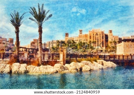 Water channel at Dubai's old town souk. Madinat Jumeirah buildings and stones reflecting in water, oil painting