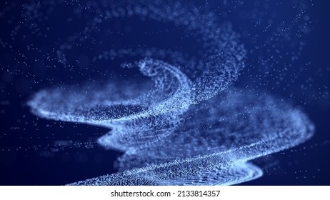 Water Circulation. A Whirlwind Of Dust. Digital Background. Big Data Visualization. Futuristic Dotted Wave On A Dark Background. 3D Rendering