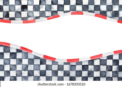 Water color background of waving checkered borders with artistic stains and grungy marks. Hand painted watercolour sketchy drawing. Creative backdrop for design, sport event print, web site header. - Powered by Shutterstock