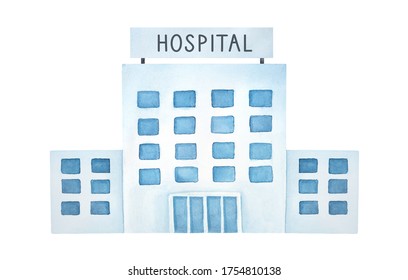 Water Color Drawing Of White Multistage Public Hospital Building With Blue Windows And Doors. Hand Painted Watercolour Illustration, Cut Out Clip Art Element For Design, Card, Banner, Print, Poster.