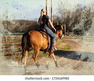 A Water Color Edging Effect On A Beautiful Picture Of A Female Horse Trainer/Rider