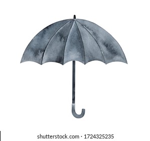 Water color illustration of black opened umbrella with curved hook handle. One single object, side view. Hand drawn watercolour artistic drawing on white, cutout clipart element for design decoration.
