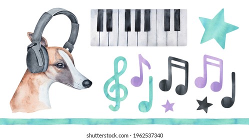 Water color illustration collection of cute dog wearing headphones, musical notes, treble clef, stars and border line. Hand painted watercolour graphic drawing, isolated elements for creative design. - Powered by Shutterstock