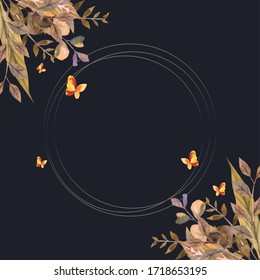 Water color leaf and floral element botanical style with orange butterfly with gold circle design on dark background in golden theme illustration. Suitable for Valentine's day and wedding element. - Powered by Shutterstock