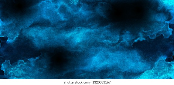 Water color painted cosmic neon light blue watercolor background. Paper textured aquarelle deep black canvas for creative design. Thunder storm lightning night sky texture multicolor illustration