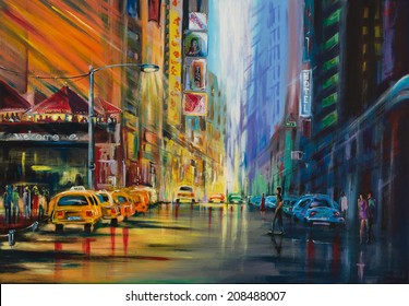 Water Color Painted New York Street With Night Club Shops Taxi Cabs And All Different Stuff During Night Life