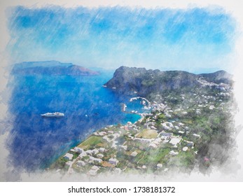 Water Color Painting Of Capri Island, Campania Region, Italy