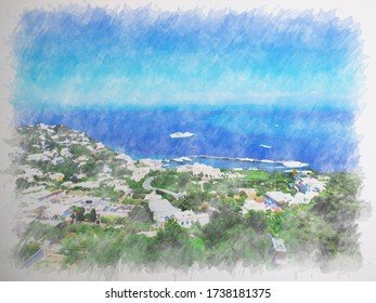 Water Color Painting Of Capri Island, Campania Region, Italy