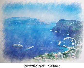 Water Color Painting Of Capri Island, Campania Region, Italy