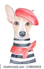 Water color portrait illustration of lovely dog wearing red french beret, classic knotted neck scarf and striped french tee-shirt. Hand painted watercolour sketchy graphic drawing on white background.