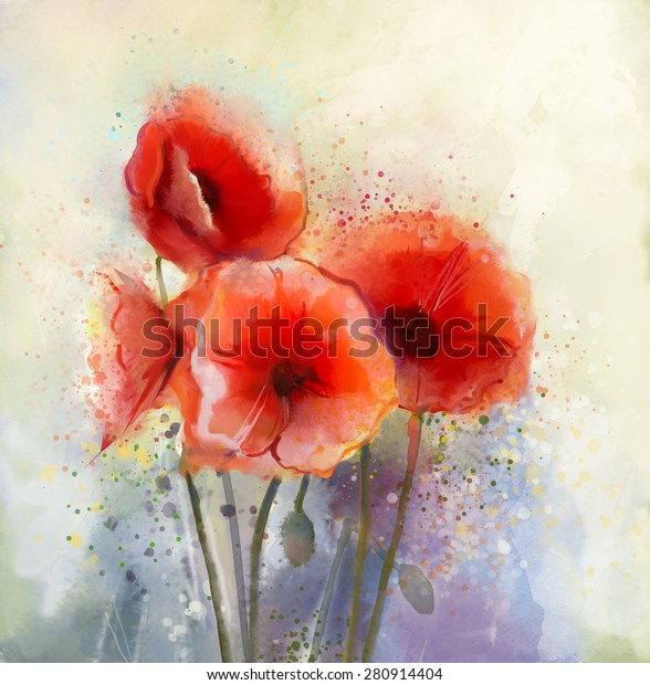 水色红罂粟花绘画 花在柔和的色彩和模糊风格的背景 复古绘画花库存插图