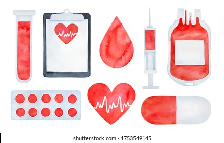 Water Color Set Of Medical And Blood Donor Elements: Droplet, Lab Tube, Clipboard, Tablets, Blood Bag, Needle, Pills, Heart Sign With Heartbeat. Sketchy Watercolour Drawing, Cutout Clipart For Design.