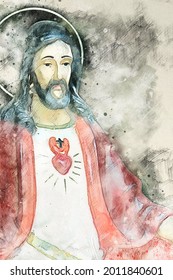The water colour painting of Jesus Sacred Heart Prayer Religion.                               